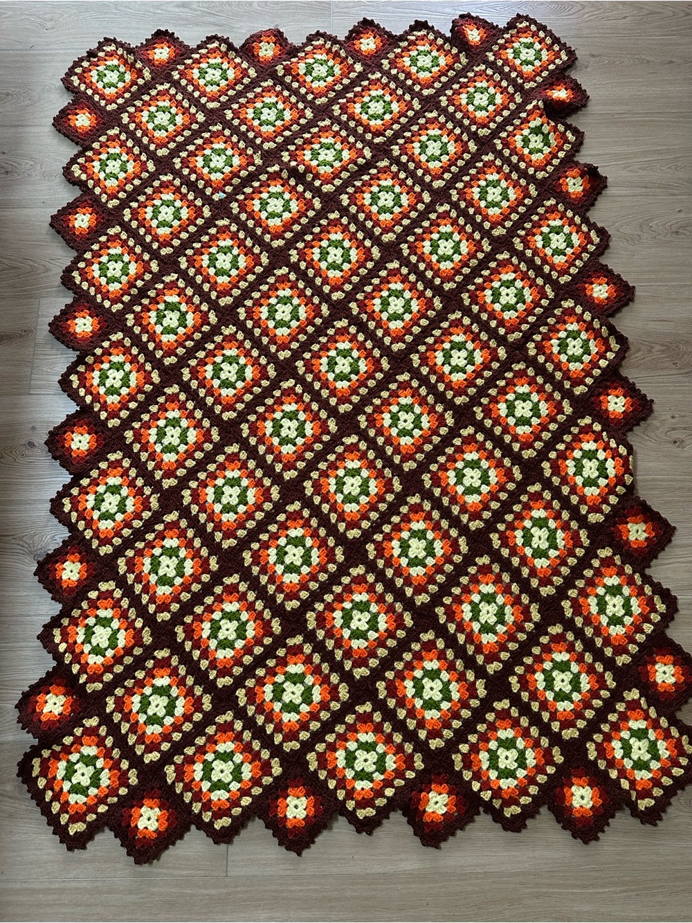 Handmade Granny’s Square Crochet Blanket Quilt Brown, Orange, Green, Cream